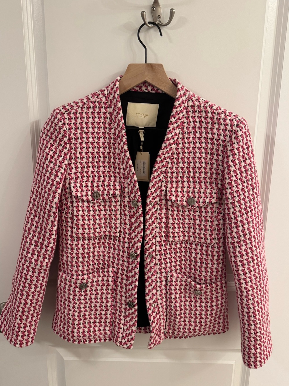 MAJE Pink and White Houndstooth Tweed Blazer Jacket